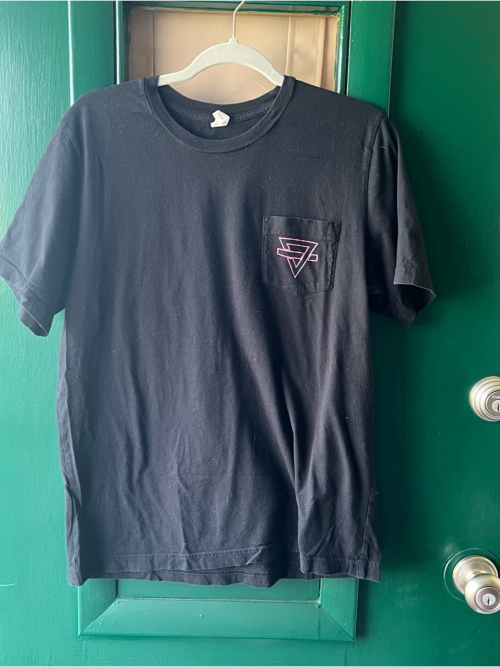 Bella Canvas Black Short-Sleeve Pocket Tee with Pink Logo